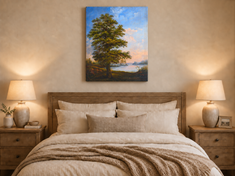 Peinture à l'huile de paysage - Arbre majestueux au bord d'un lac tranquille au coucher du soleil