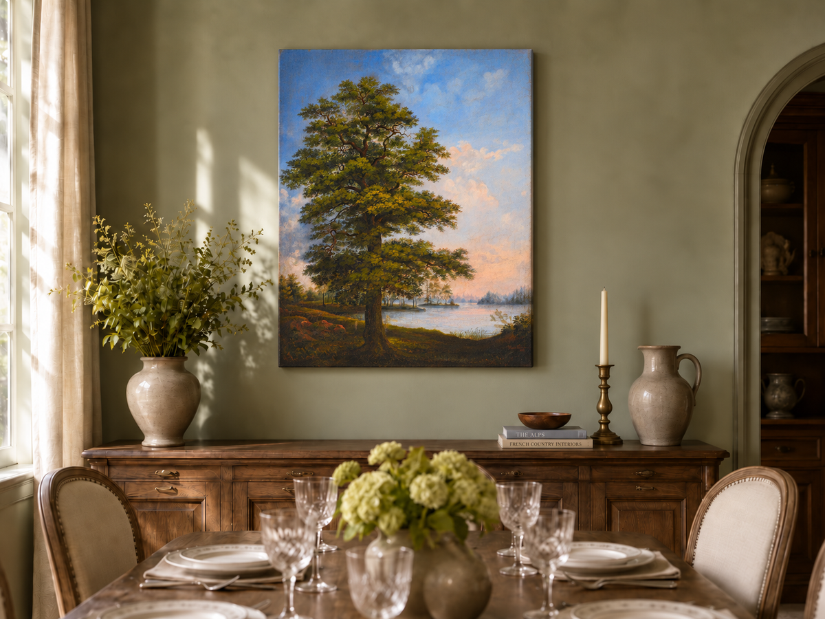 Peinture à l'huile de paysage - Arbre majestueux au bord d'un lac tranquille au coucher du soleil