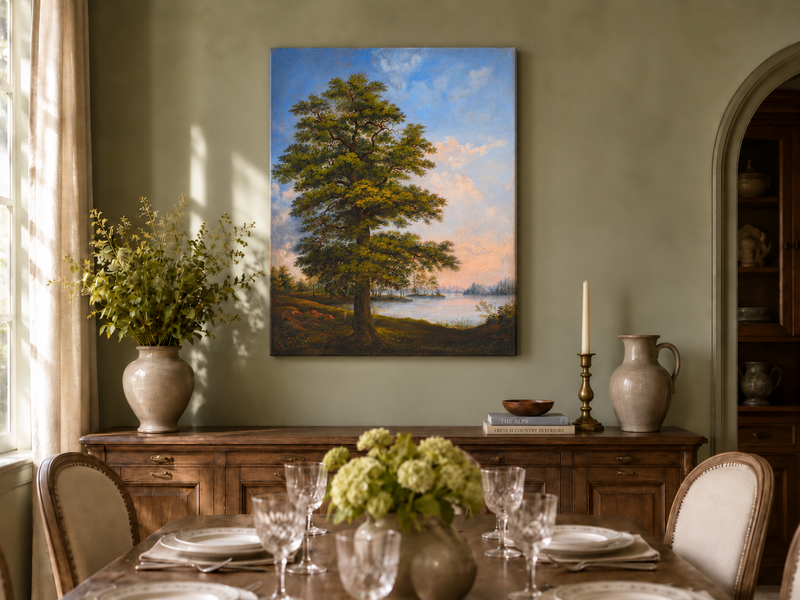 Peinture à l'huile de paysage - Arbre majestueux au bord d'un lac tranquille au coucher du soleil