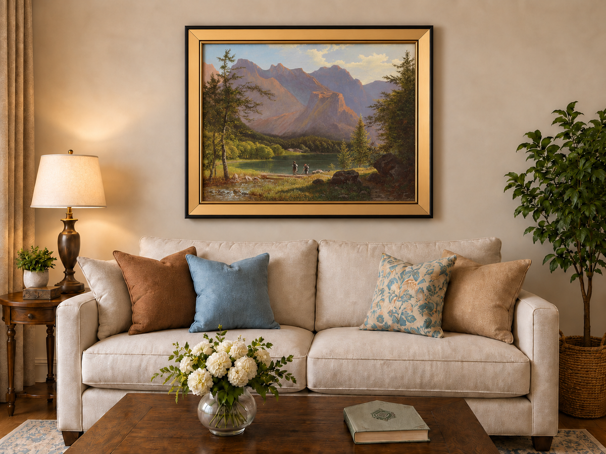 Peinture à l'huile de paysage - Lac de montagne, personnages et sommets ensoleillés