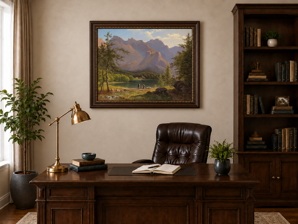 Peinture à l'huile de paysage - Lac de montagne, personnages et sommets ensoleillés