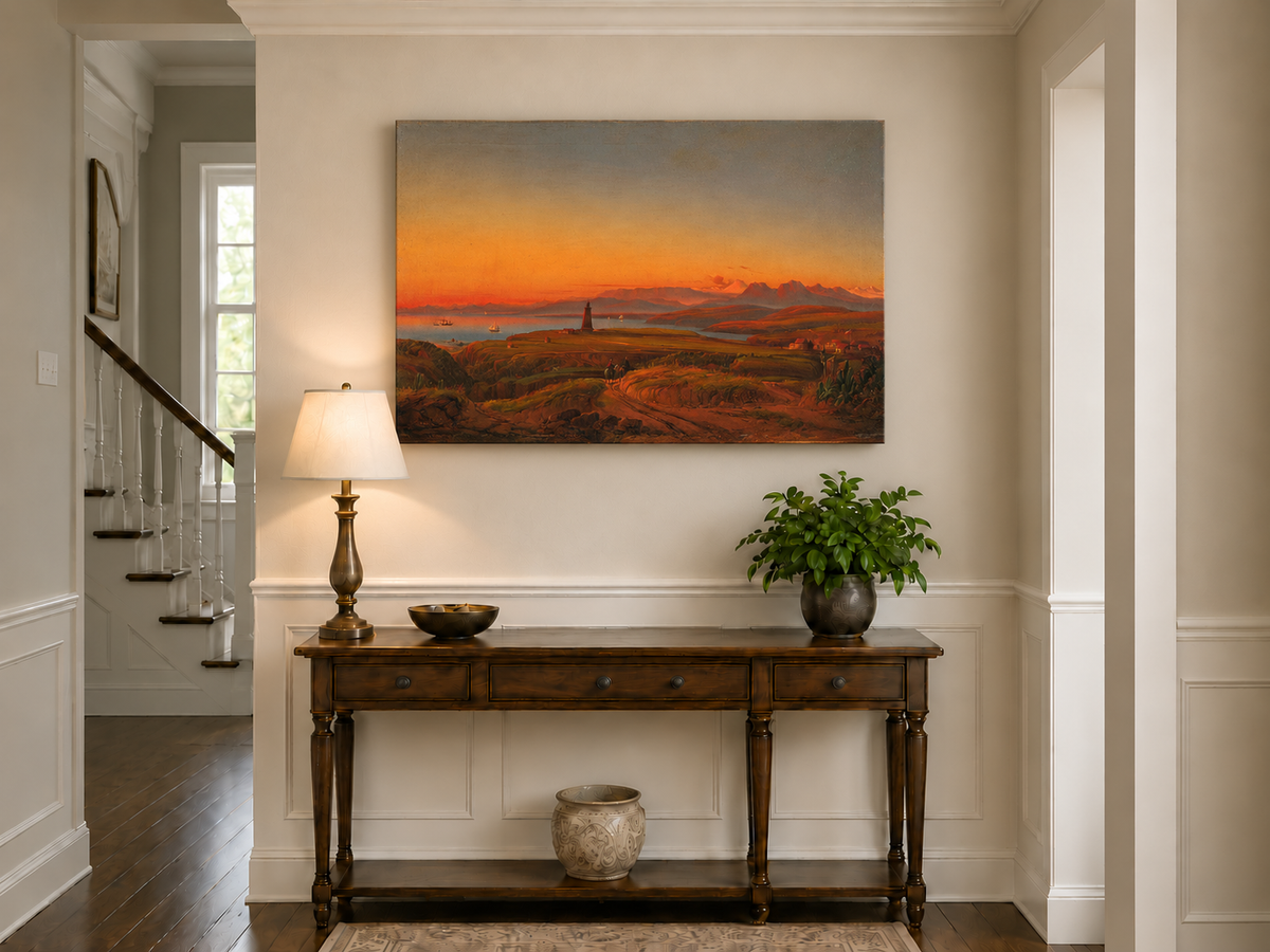 Peinture à l'huile de paysage - Coucher de soleil sur une baie côtière