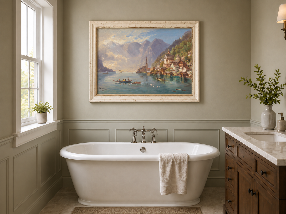 Peinture à l'huile de paysage - Village alpin au bord du lac | Peinte à la main