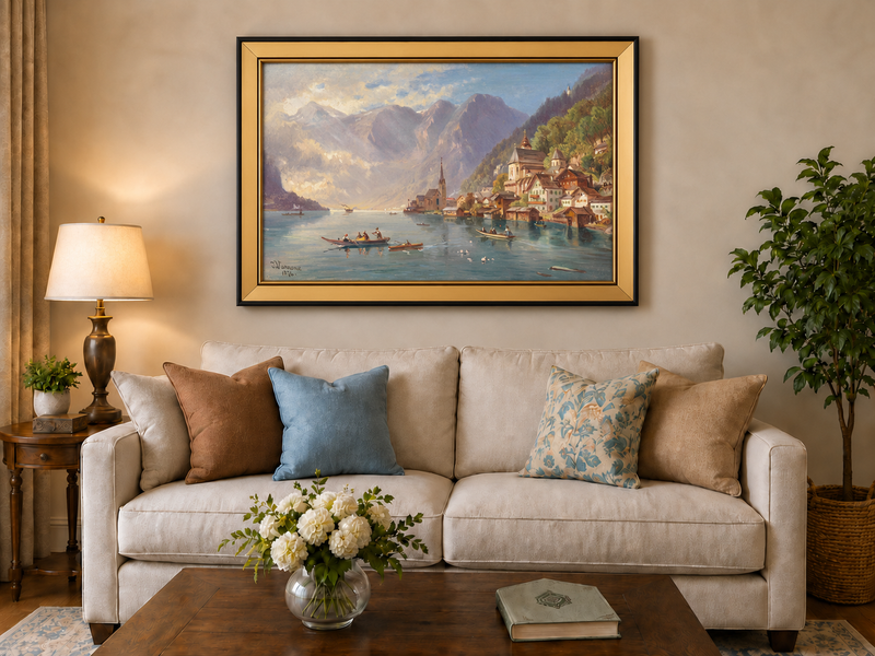 Peinture à l'huile de paysage - Village alpin au bord du lac | Peinte à la main