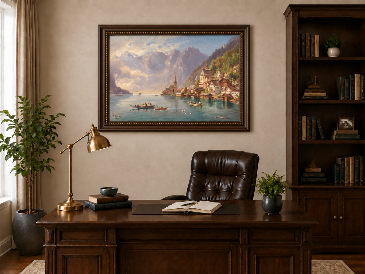 Peinture à l'huile de paysage - Village alpin au bord du lac | Peinte à la main