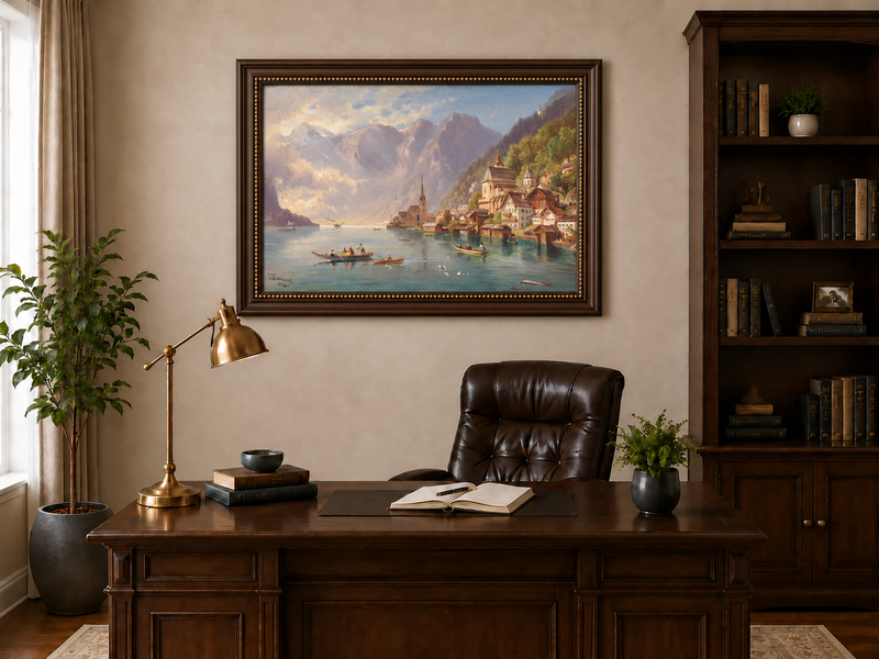 Peinture à l'huile de paysage - Village alpin au bord du lac | Peinte à la main