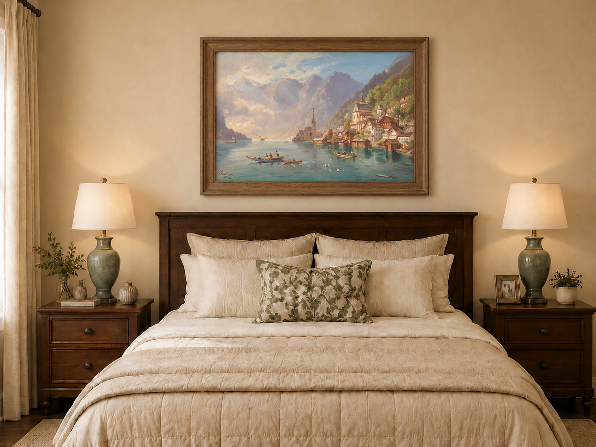 Peinture à l'huile de paysage - Village alpin au bord du lac | Peinte à la main