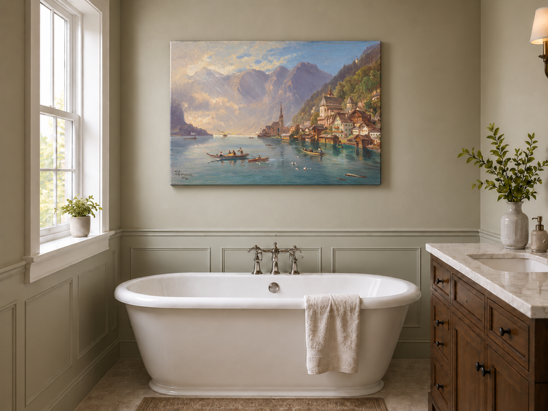 Peinture à l'huile de paysage - Village alpin au bord du lac | Peinte à la main