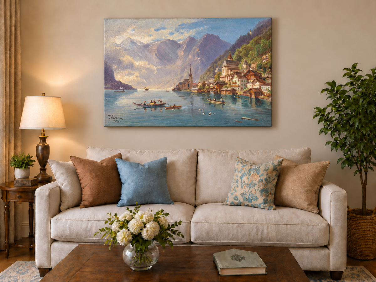Peinture à l'huile de paysage - Village alpin au bord du lac | Peinte à la main