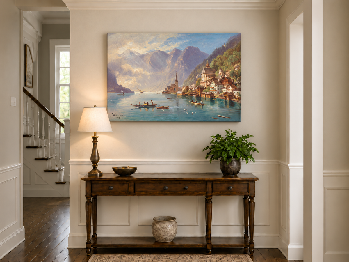 Peinture à l'huile de paysage - Village alpin au bord du lac | Peinte à la main