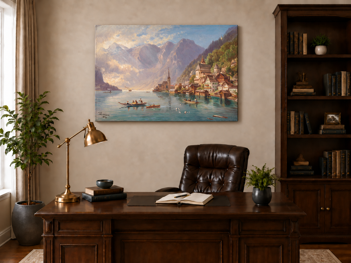 Peinture à l'huile de paysage - Village alpin au bord du lac | Peinte à la main