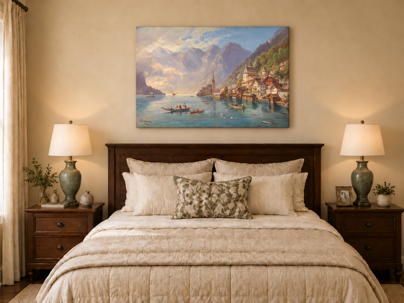 Peinture à l'huile de paysage - Village alpin au bord du lac | Peinte à la main