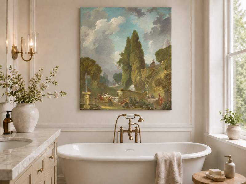 Peinture à l'huile de paysage - Rivière printanière avec pêcheur et arbres