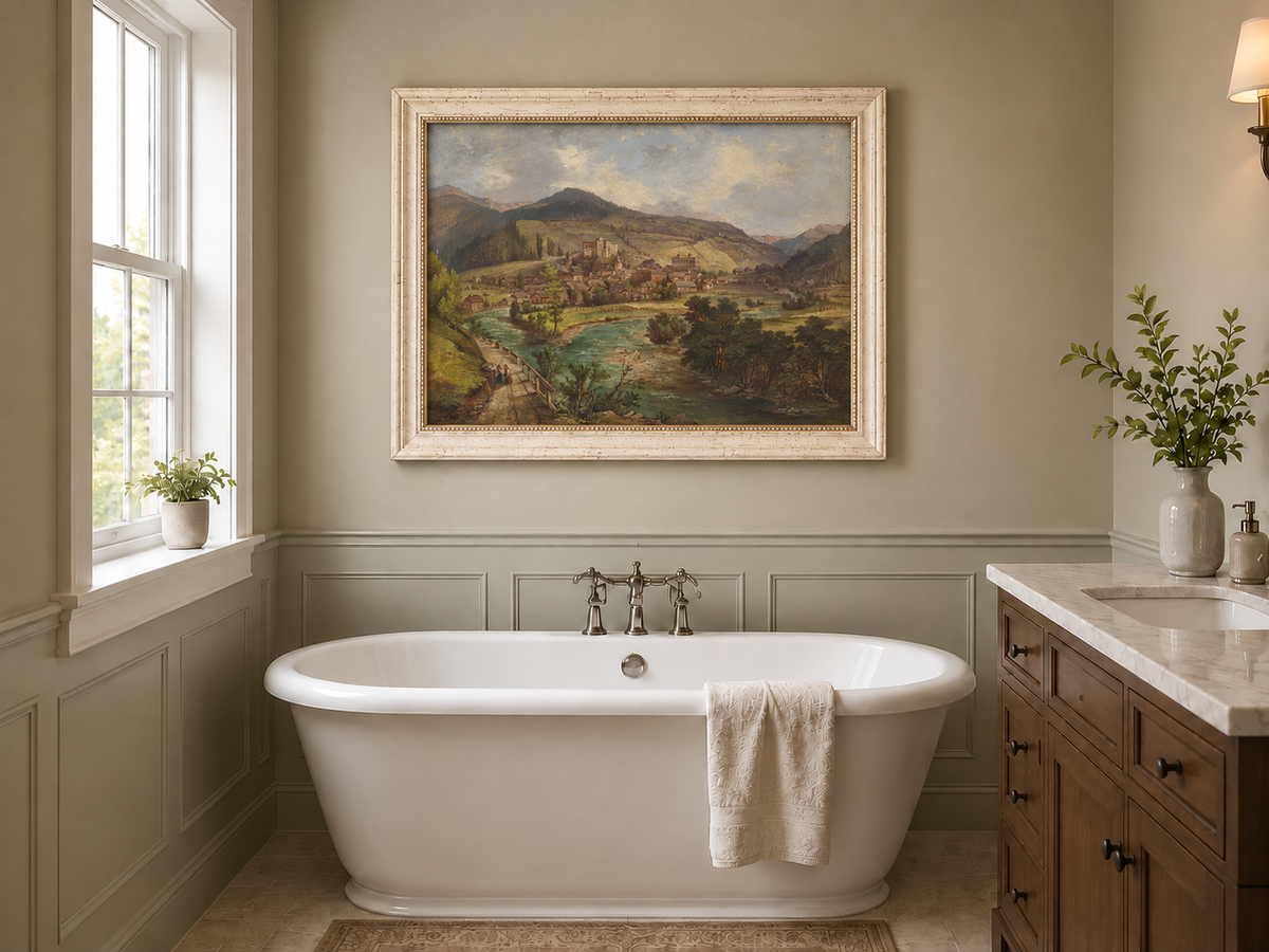 Landscape Oil Painting - European Mountain Village River Valley