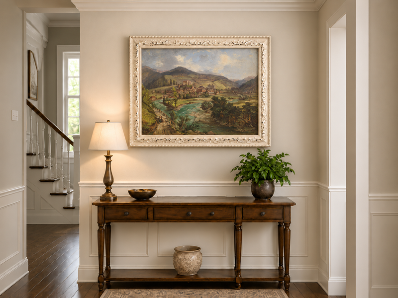 Landscape Oil Painting - European Mountain Village River Valley