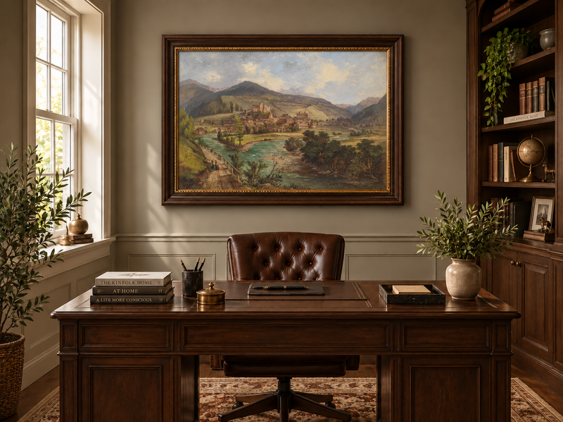 Landscape Oil Painting - European Mountain Village River Valley