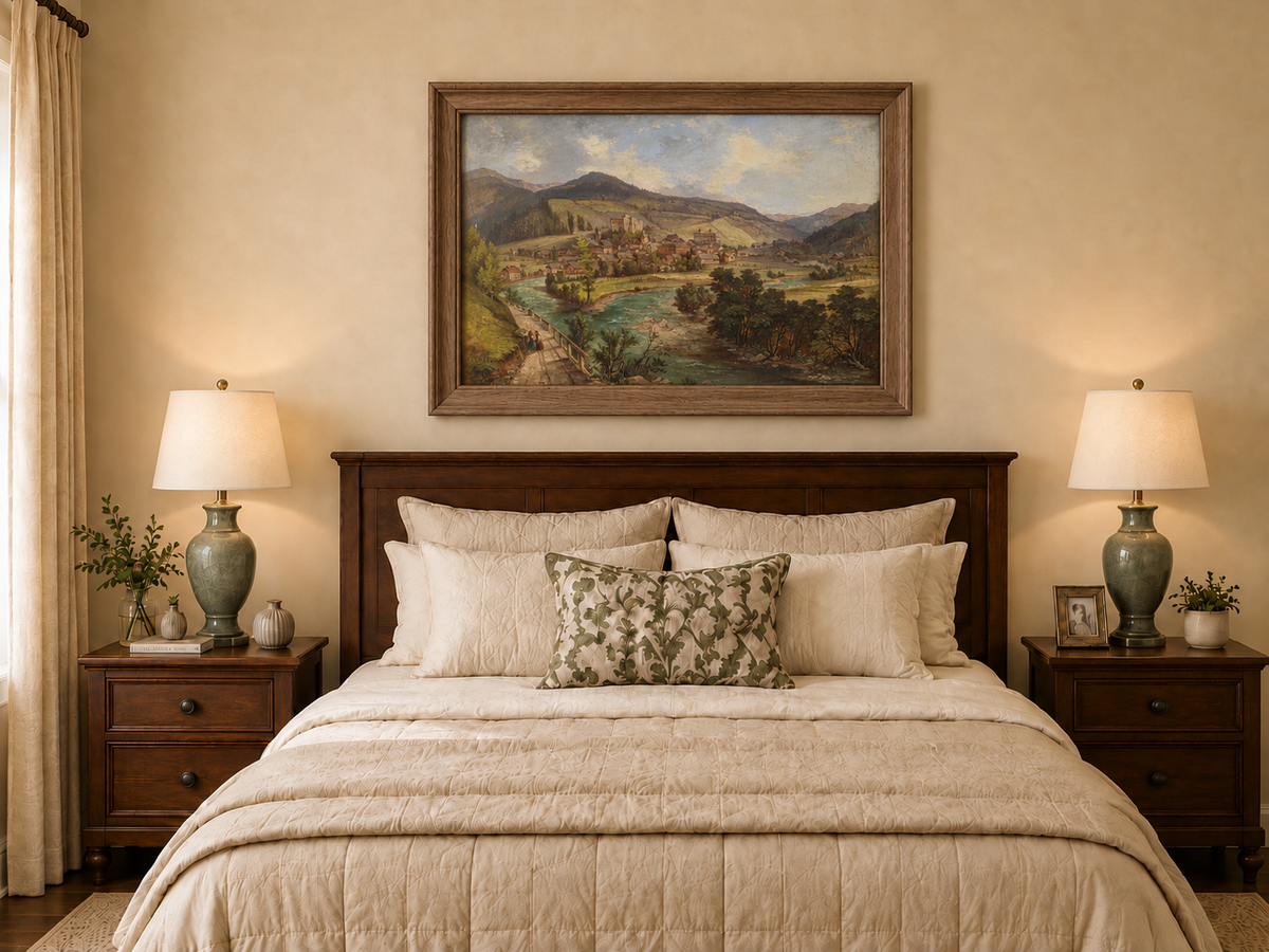 Landscape Oil Painting - European Mountain Village River Valley
