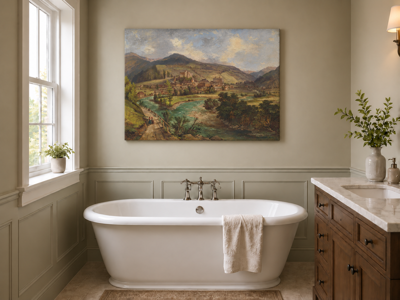 Landscape Oil Painting - European Mountain Village River Valley