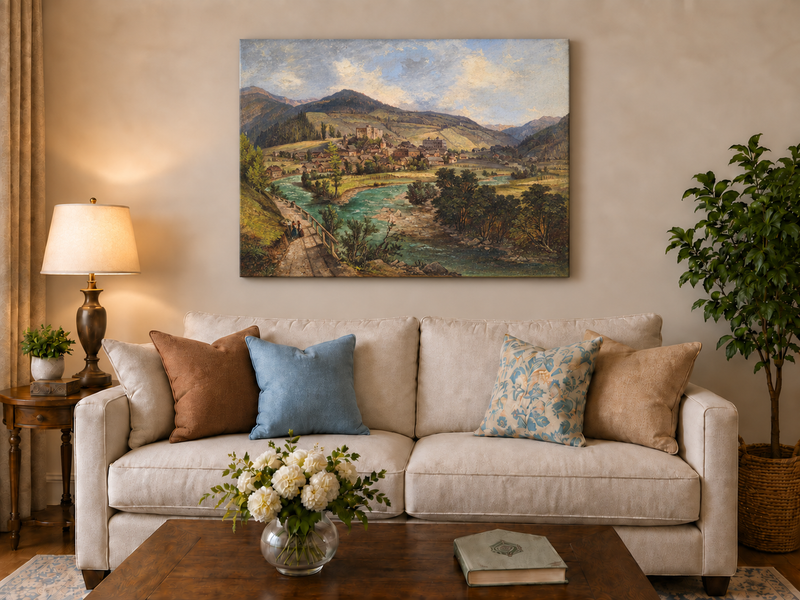 Landscape Oil Painting - European Mountain Village River Valley
