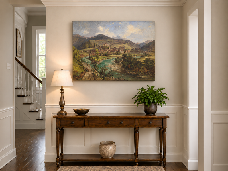 Landscape Oil Painting - European Mountain Village River Valley