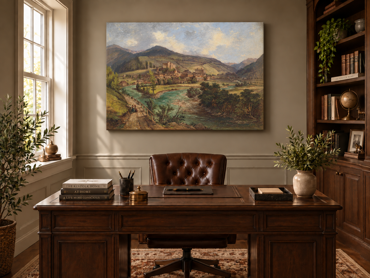 Landscape Oil Painting - European Mountain Village River Valley