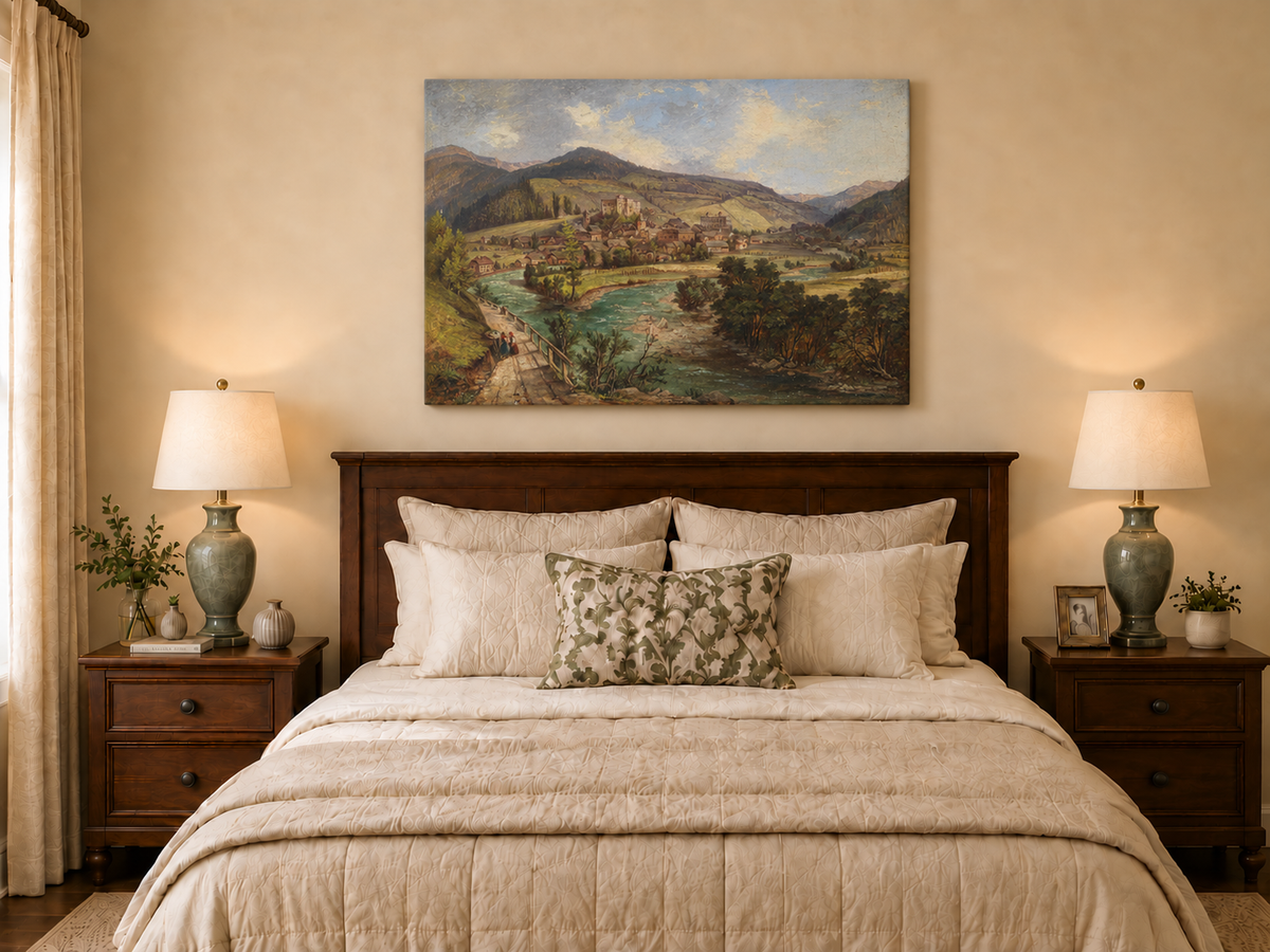 Landscape Oil Painting - European Mountain Village River Valley