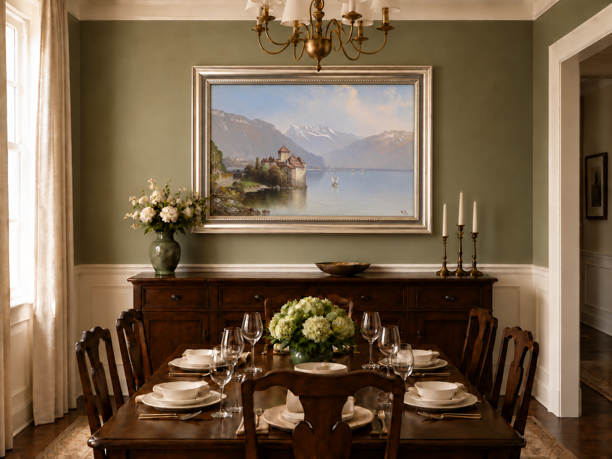 Landscape Oil Painting - Lakeside Castle & Alpine Mountains
