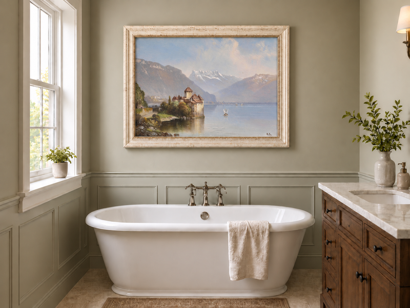 Landscape Oil Painting - Lakeside Castle & Alpine Mountains