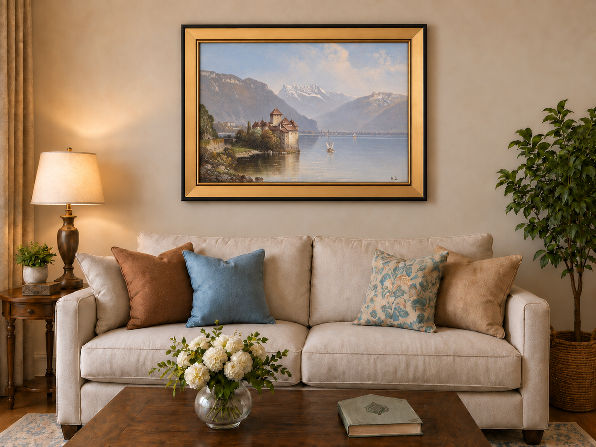 Landscape Oil Painting - Lakeside Castle & Alpine Mountains