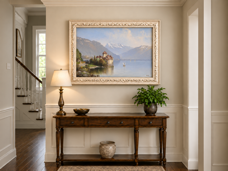 Landscape Oil Painting - Lakeside Castle & Alpine Mountains