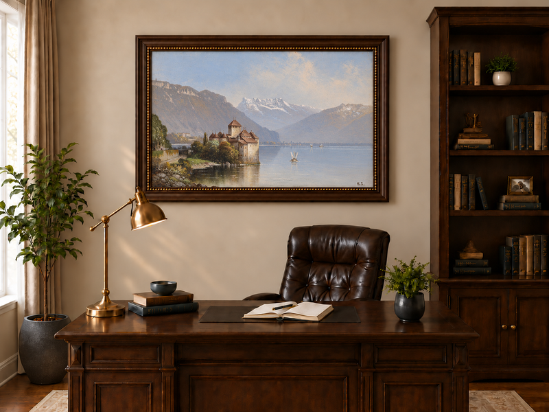 Landscape Oil Painting - Lakeside Castle & Alpine Mountains