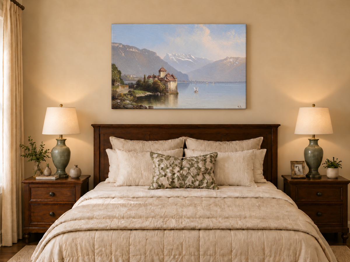 Landscape Oil Painting - Lakeside Castle & Alpine Mountains