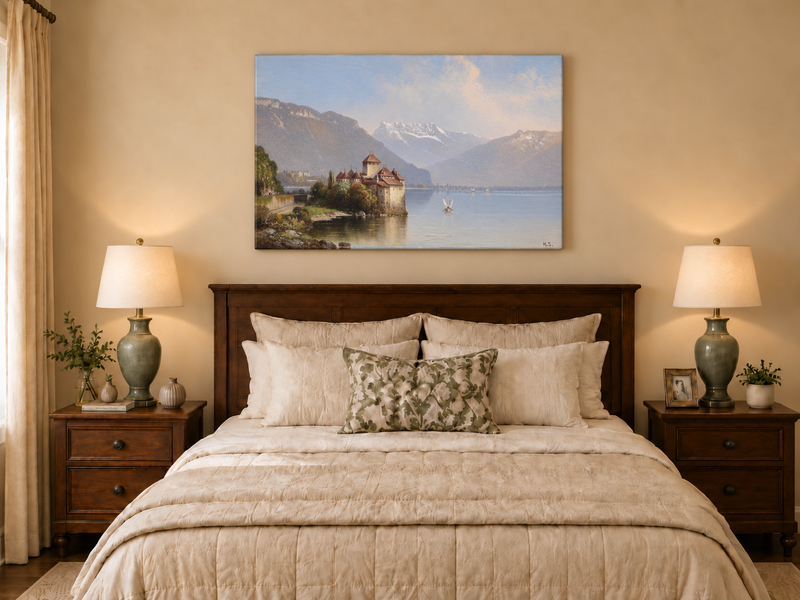Landscape Oil Painting - Lakeside Castle & Alpine Mountains