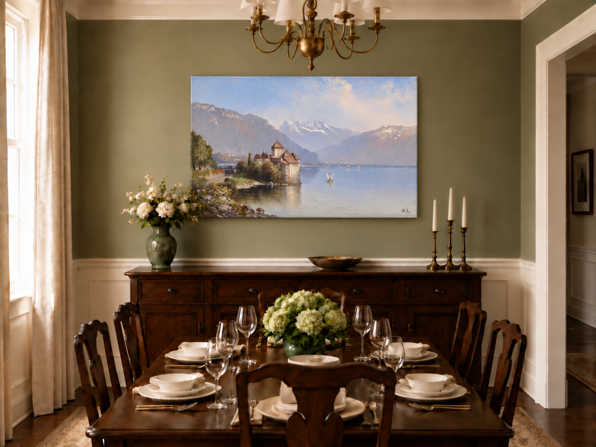 Landscape Oil Painting - Lakeside Castle & Alpine Mountains