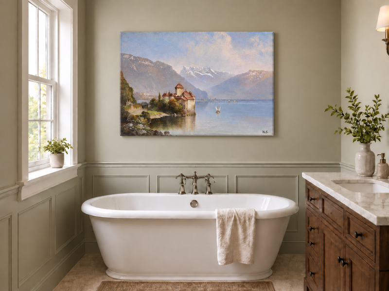 Landscape Oil Painting - Lakeside Castle & Alpine Mountains