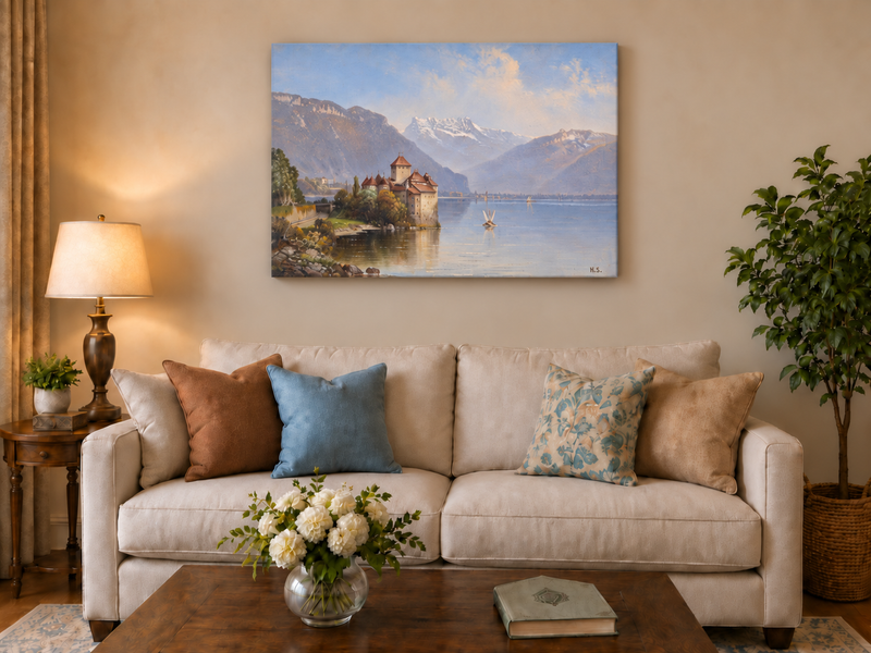 Landscape Oil Painting - Lakeside Castle & Alpine Mountains