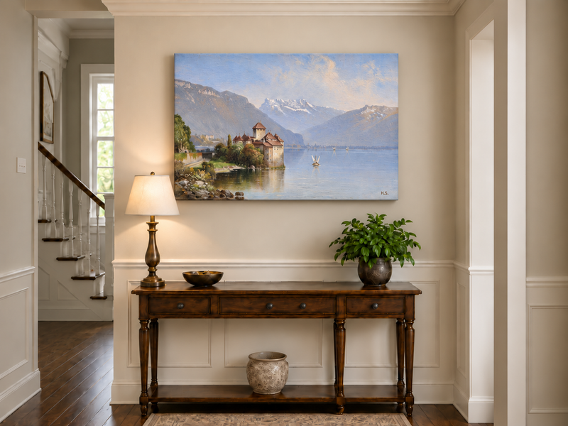 Landscape Oil Painting - Lakeside Castle & Alpine Mountains