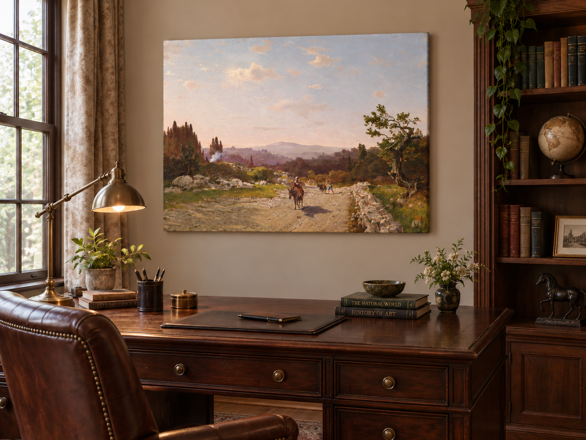 Landscape Oil Painting - Lakeside Castle & Alpine Mountains