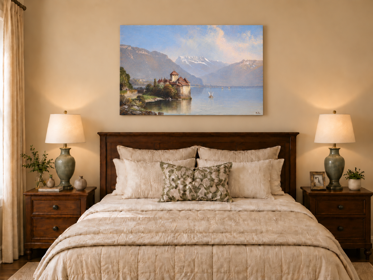 Landscape Oil Painting - Lakeside Castle & Alpine Mountains