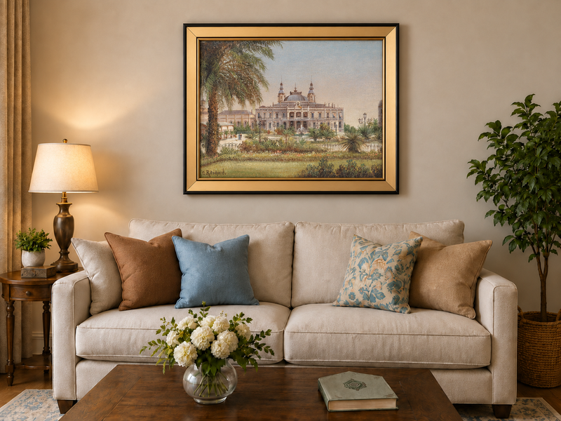 Peinture à l'huile de paysage - Bâtiment tropical, structure, palmiers et