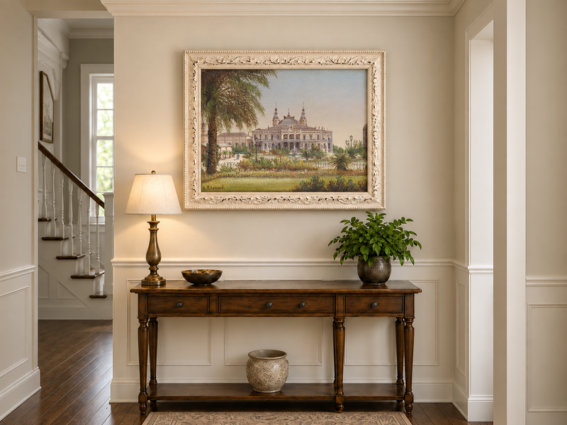 Peinture à l'huile de paysage - Bâtiment tropical, structure, palmiers et