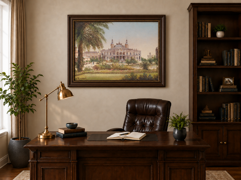 Peinture à l'huile de paysage - Bâtiment tropical, structure, palmiers et