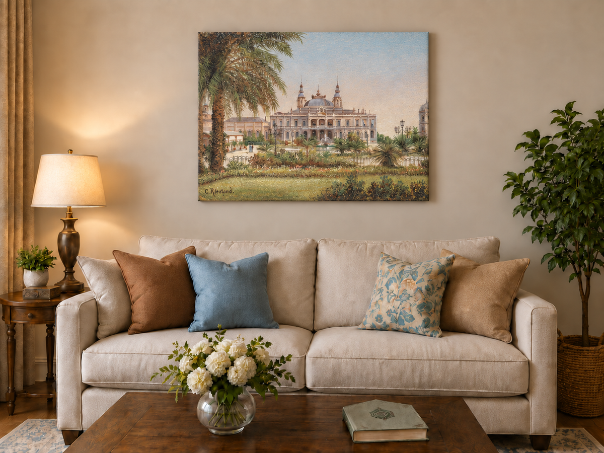 Peinture à l'huile de paysage - Bâtiment tropical, structure, palmiers et