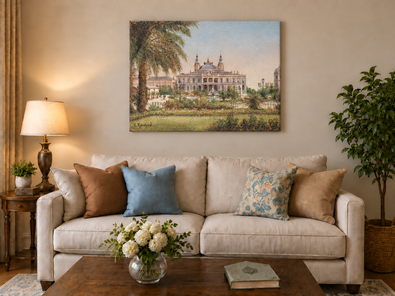 Peinture à l'huile de paysage - Bâtiment tropical, structure, palmiers et
