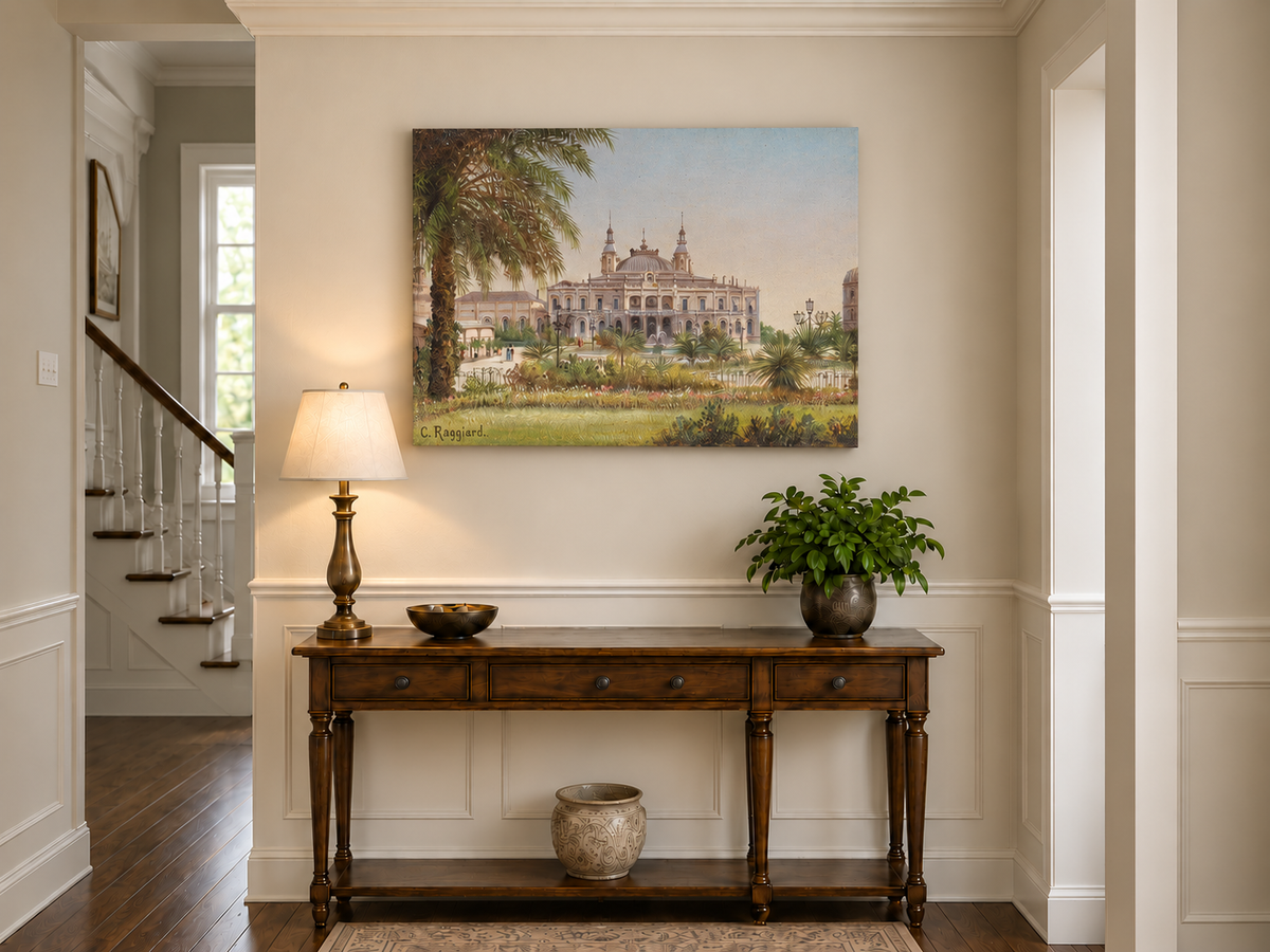 Peinture à l'huile de paysage - Bâtiment tropical, structure, palmiers et
