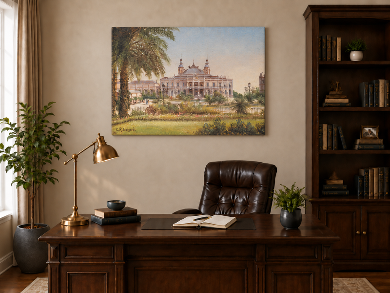 Peinture à l'huile de paysage - Bâtiment tropical, structure, palmiers et
