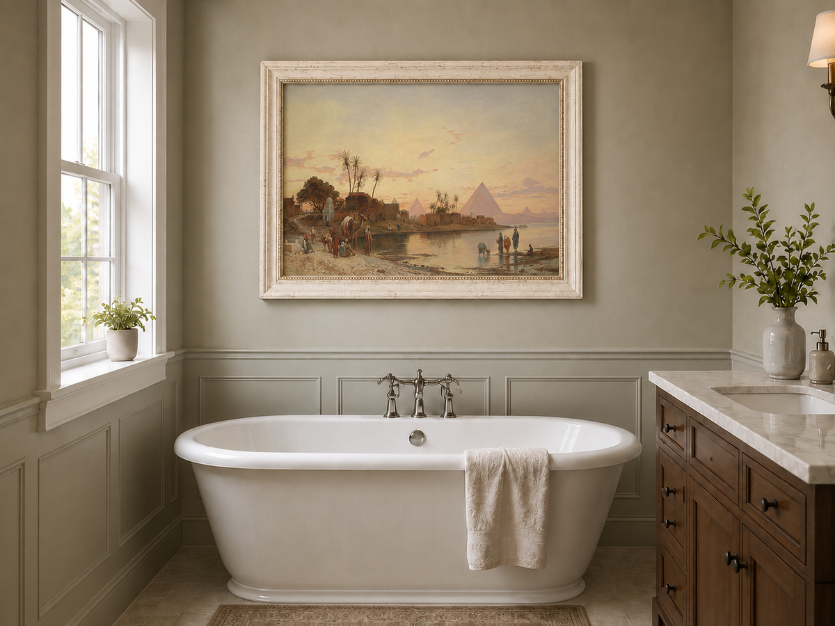 Peinture à l'huile de paysage - Rives du Nil au coucher du soleil avec pyramides