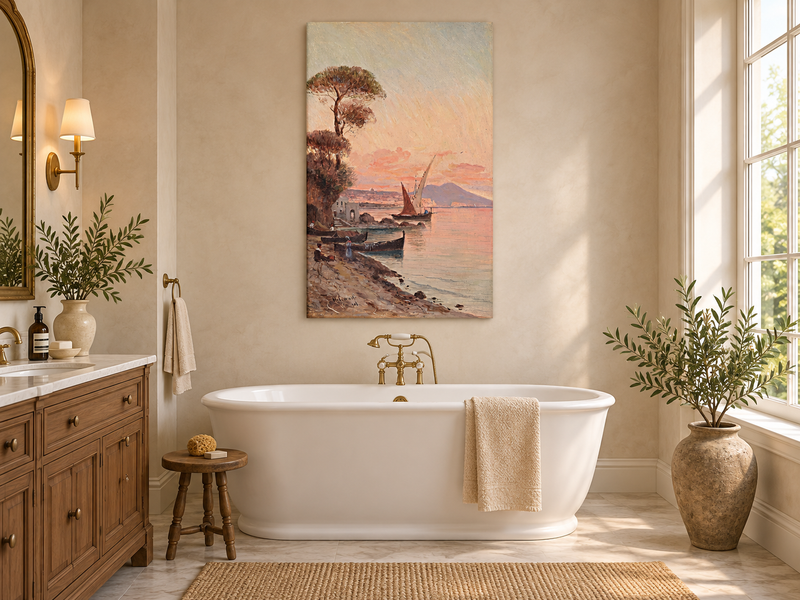 Landscape Oil Painting - Mediterranean Harbor at Sunset