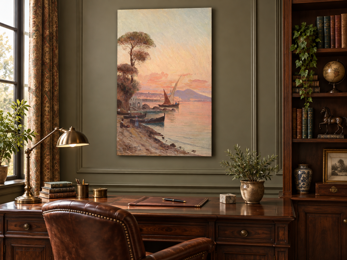 Landscape Oil Painting - Mediterranean Harbor at Sunset