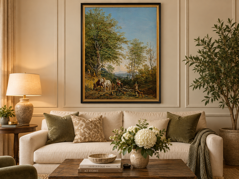 Landscape Oil Painting - Wooded Path with Horses and Woodcutter
